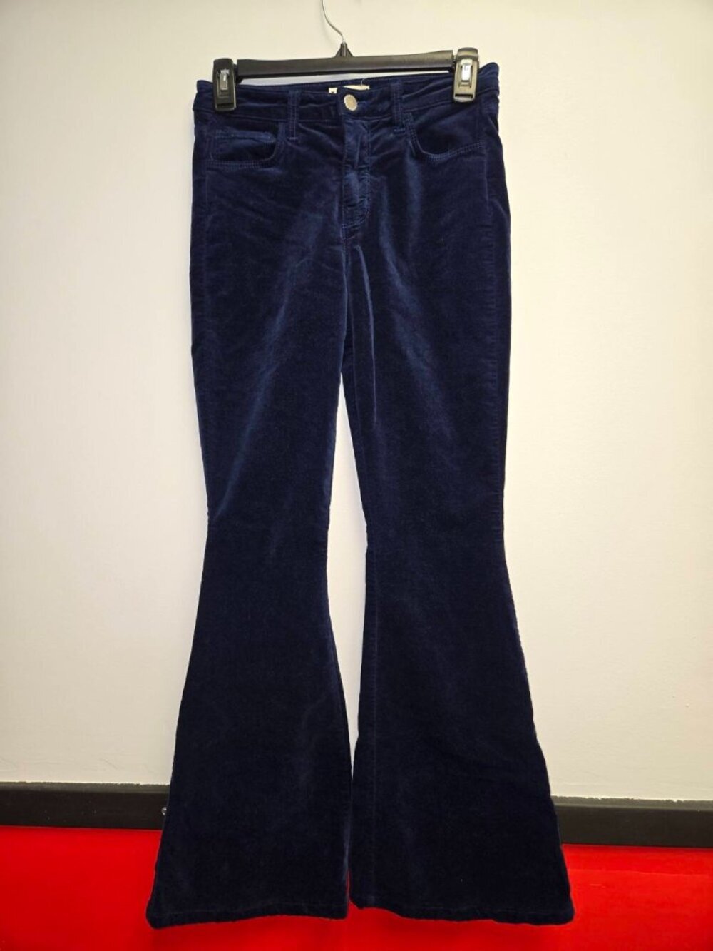 L'AGENCE Solana High Rise Velvet Flare Jeans 26 Navy Blue 30.5" Inseam Petite